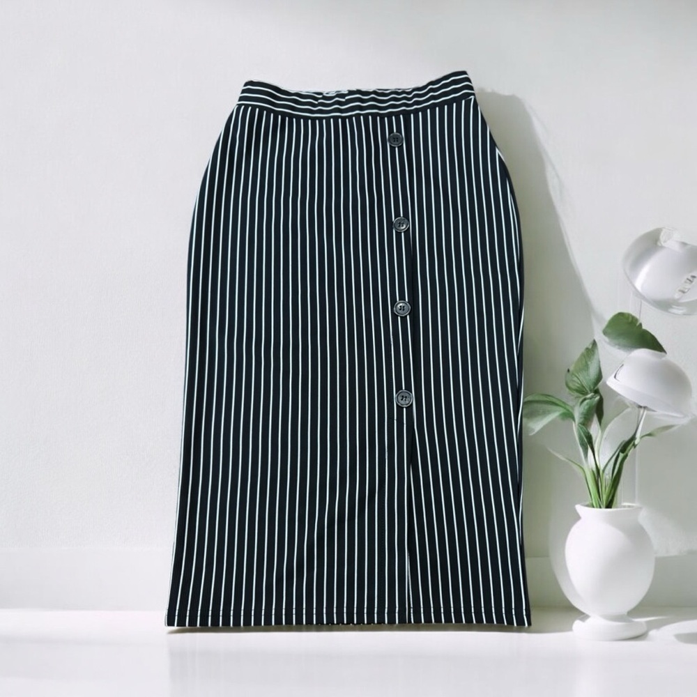 Another Story, Chic Stripe Stretch Pencil Skirt, XS, Black & White